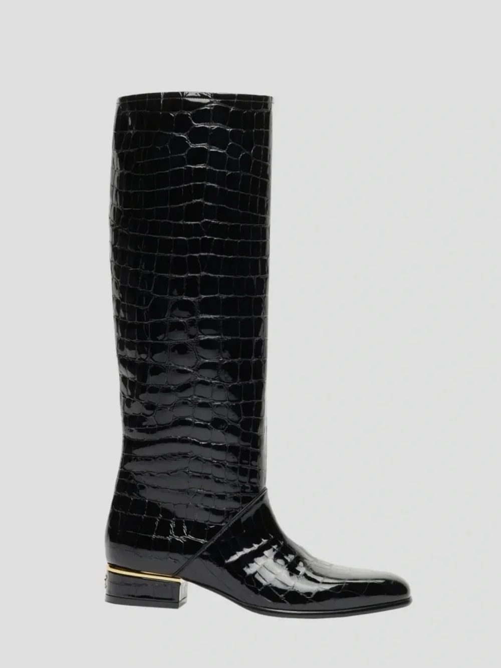 Chanel Black Croc-Embossed Patent Leather Knee Boots